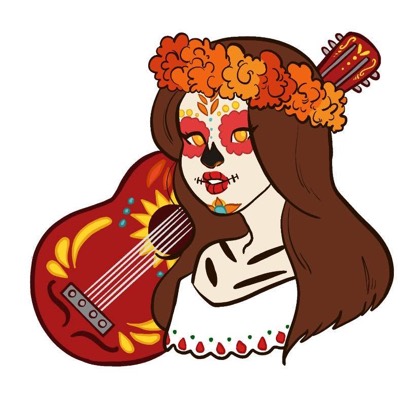 La Catrina's emblem: a woman in sugar-skull paint with a marigold crown, holding a red guitar